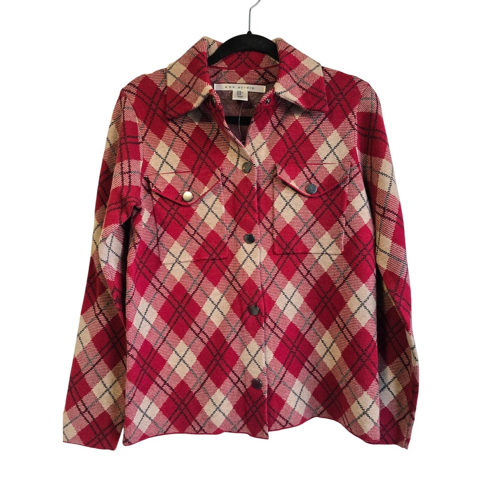 🆕️ NWT Max Studio Womens Red Tan‎ Diamond Plaid Knit Button Down Jacket M